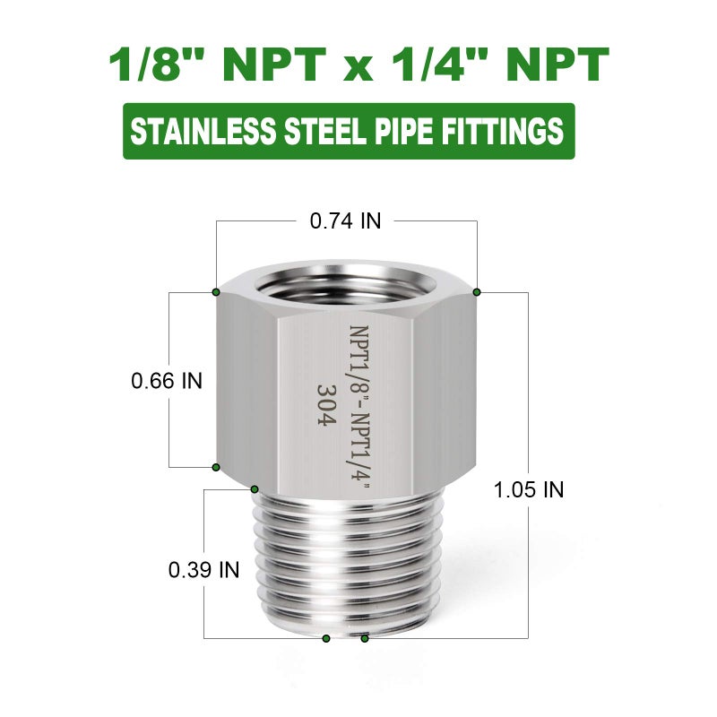 TAISHER 2PCS Forging of 304 Stainless Steel Fitting, Reducer Adapter, 1/8-Inch Male Pipe x 1/4-Inch Female Pipe - Image 4